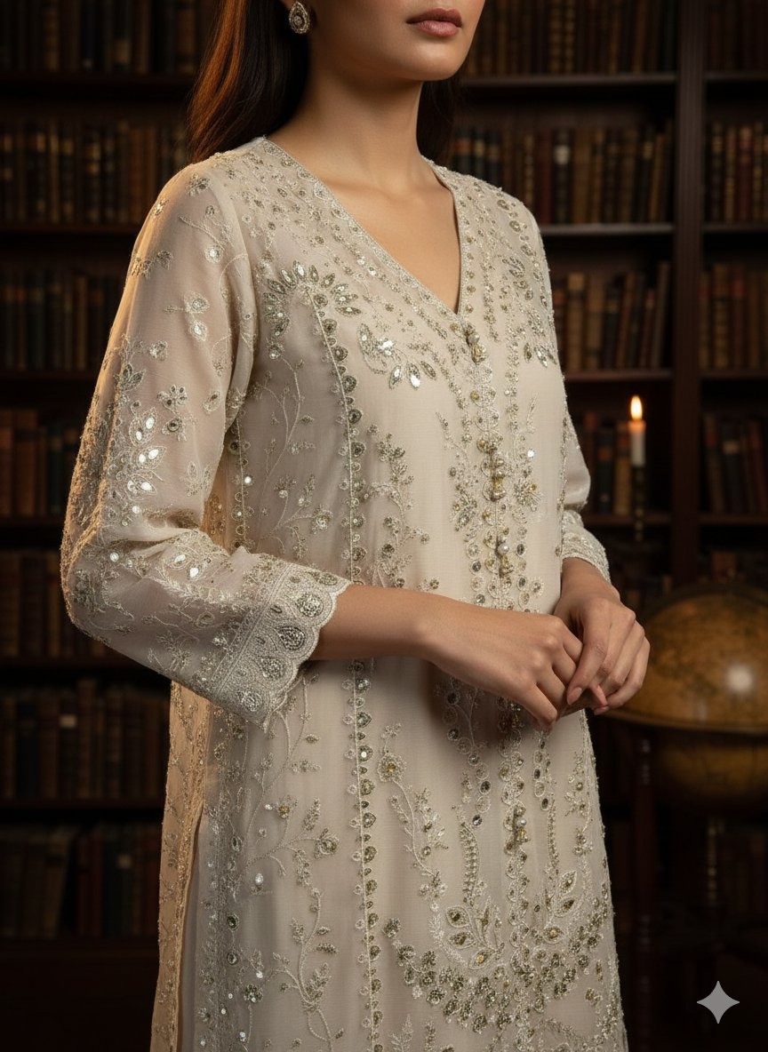 A-Line Champagne Beige Chiffon Pakistani Suit – Hand-Embellished Festive Wear (Ready to Ship UK & Ireland)