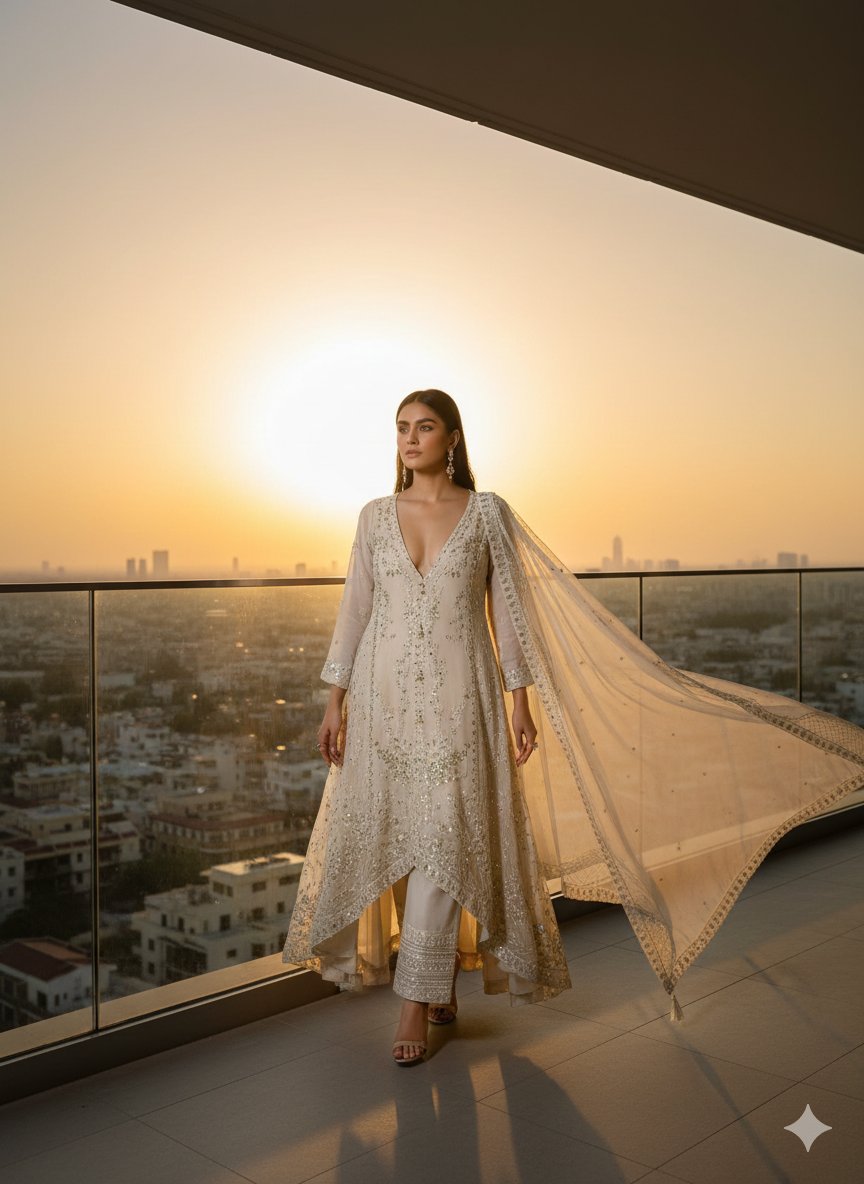 A-Line Champagne Beige Chiffon Pakistani Suit – Hand-Embellished Festive Wear (Ready to Ship UK & Ireland) - Image 5