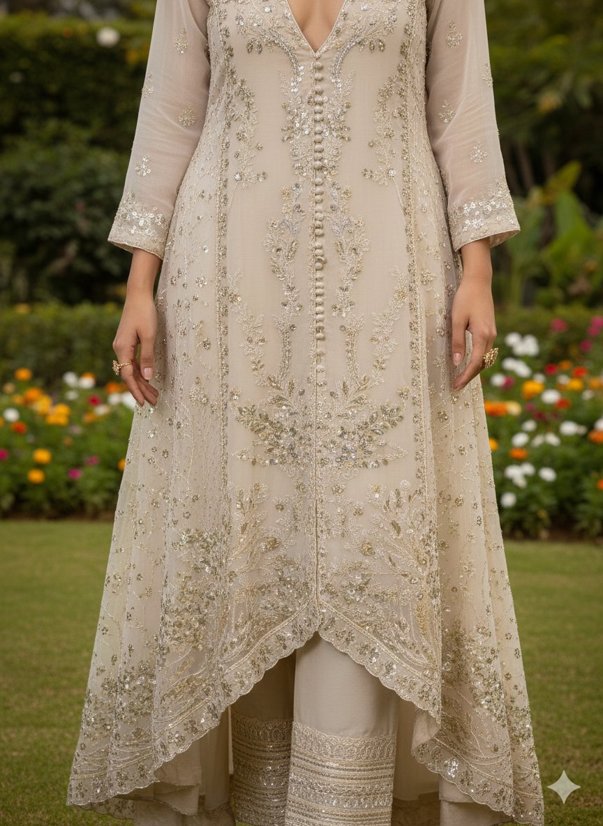 A-Line Champagne Beige Chiffon Pakistani Suit – Hand-Embellished Festive Wear (Ready to Ship UK & Ireland) - Image 2