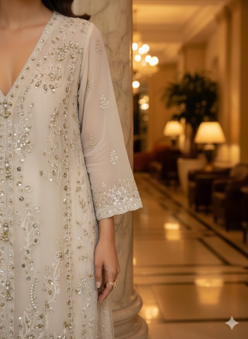 A-Line Champagne Beige Chiffon Pakistani Suit – Hand-Embellished Festive Wear (Ready to Ship UK & Ireland) - Image 4