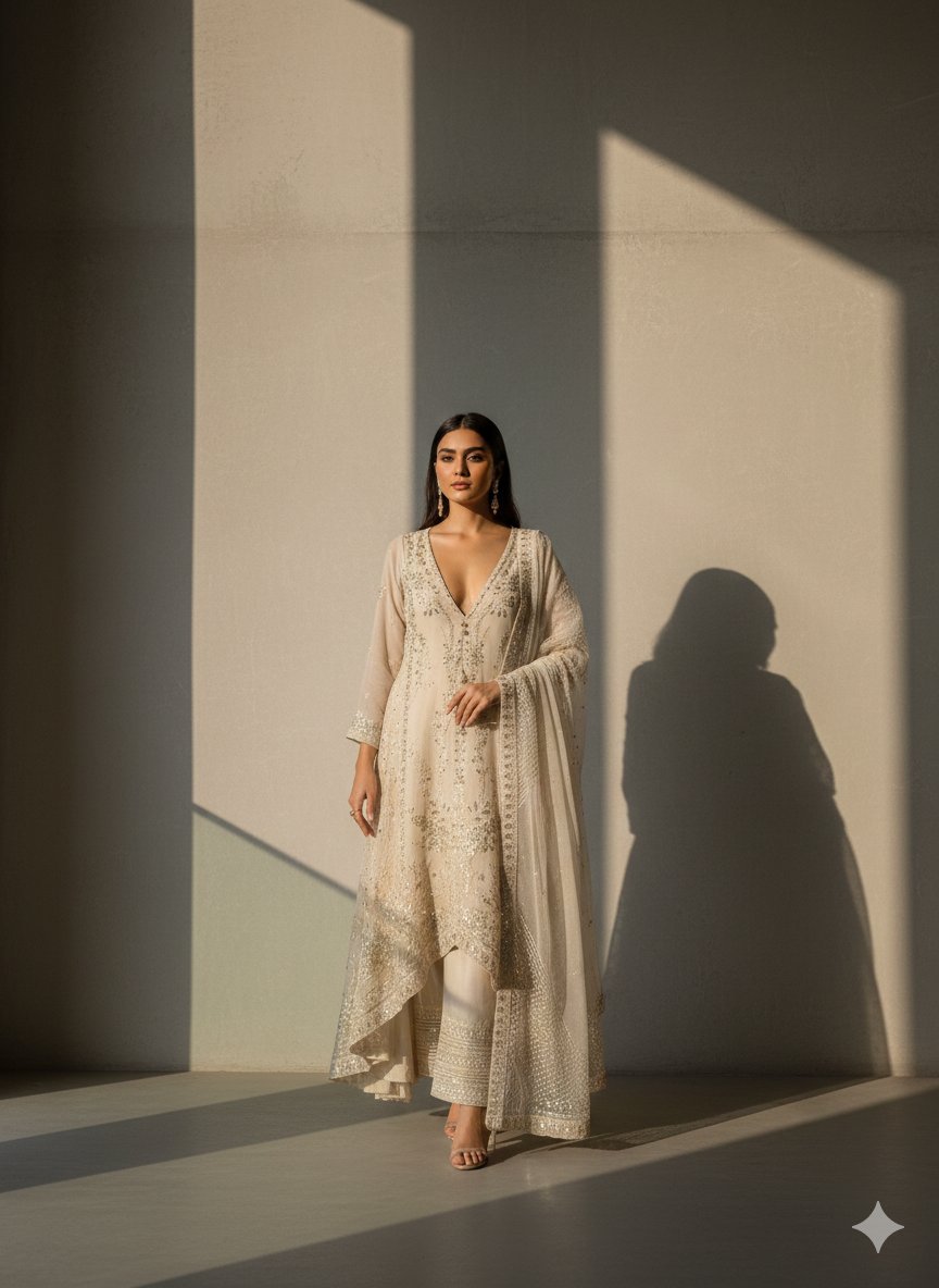 A-Line Champagne Beige Chiffon Pakistani Suit – Hand-Embellished Festive Wear (Ready to Ship UK & Ireland) - Image 7