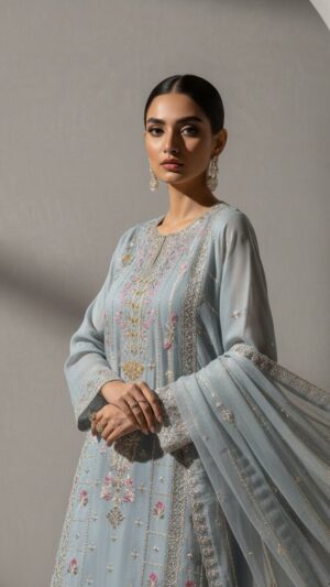 Ready-made Steel Grey Chiffon 3-Piece Pakistani Suit | Fast Shipping UK & Ireland