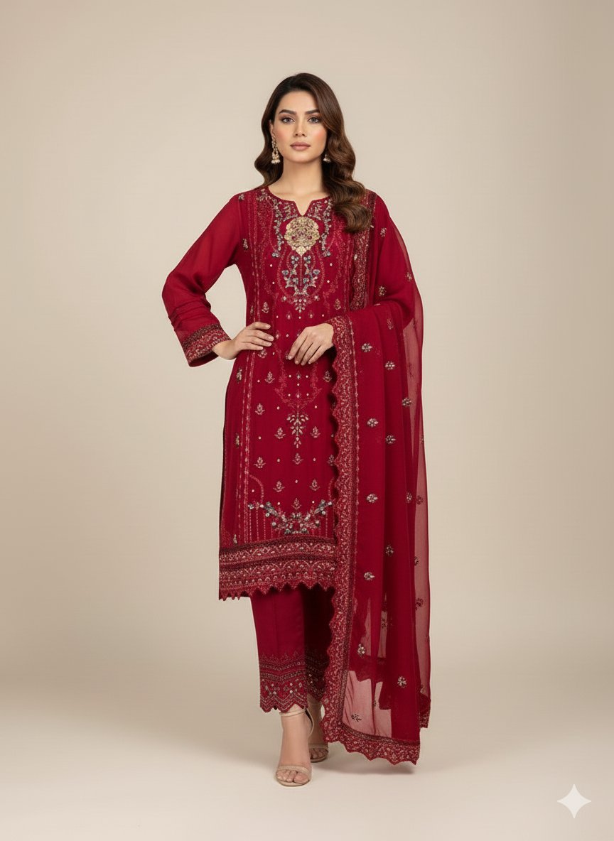 Ready-Made Maroon Chiffon 3-Piece Suit | Embroidered Pakistani Party Wear UK & Ireland - Image 6