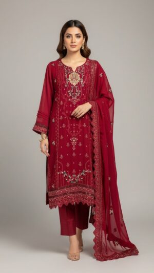 Ready-Made Maroon Chiffon 3-Piece Suit | Embroidered Pakistani Party Wear UK & Ireland