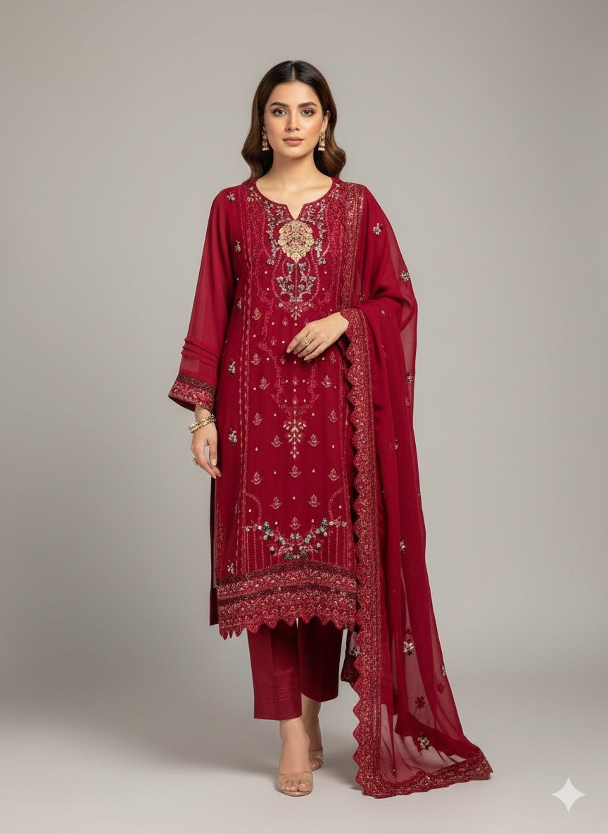 Ready-Made Maroon Chiffon 3-Piece Suit | Embroidered Pakistani Party Wear UK & Ireland