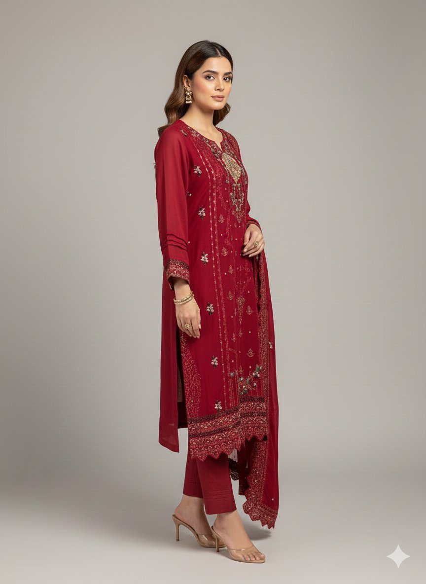 Ready-Made Maroon Chiffon 3-Piece Suit | Embroidered Pakistani Party Wear UK & Ireland - Image 5