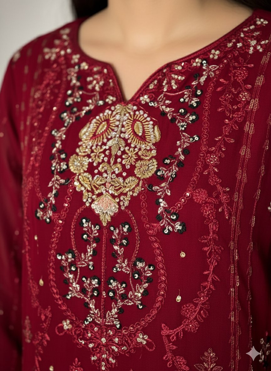 Ready-Made Maroon Chiffon 3-Piece Suit | Embroidered Pakistani Party Wear UK & Ireland - Image 2