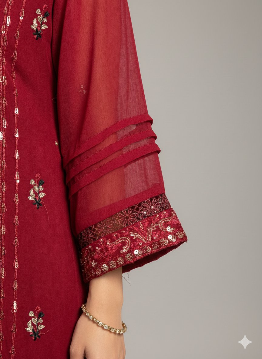 Ready-Made Maroon Chiffon 3-Piece Suit | Embroidered Pakistani Party Wear UK & Ireland - Image 3