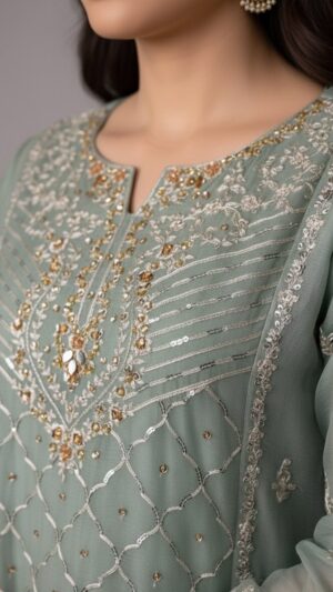 Sage Green Embellished Chiffon Set (2-Piece)