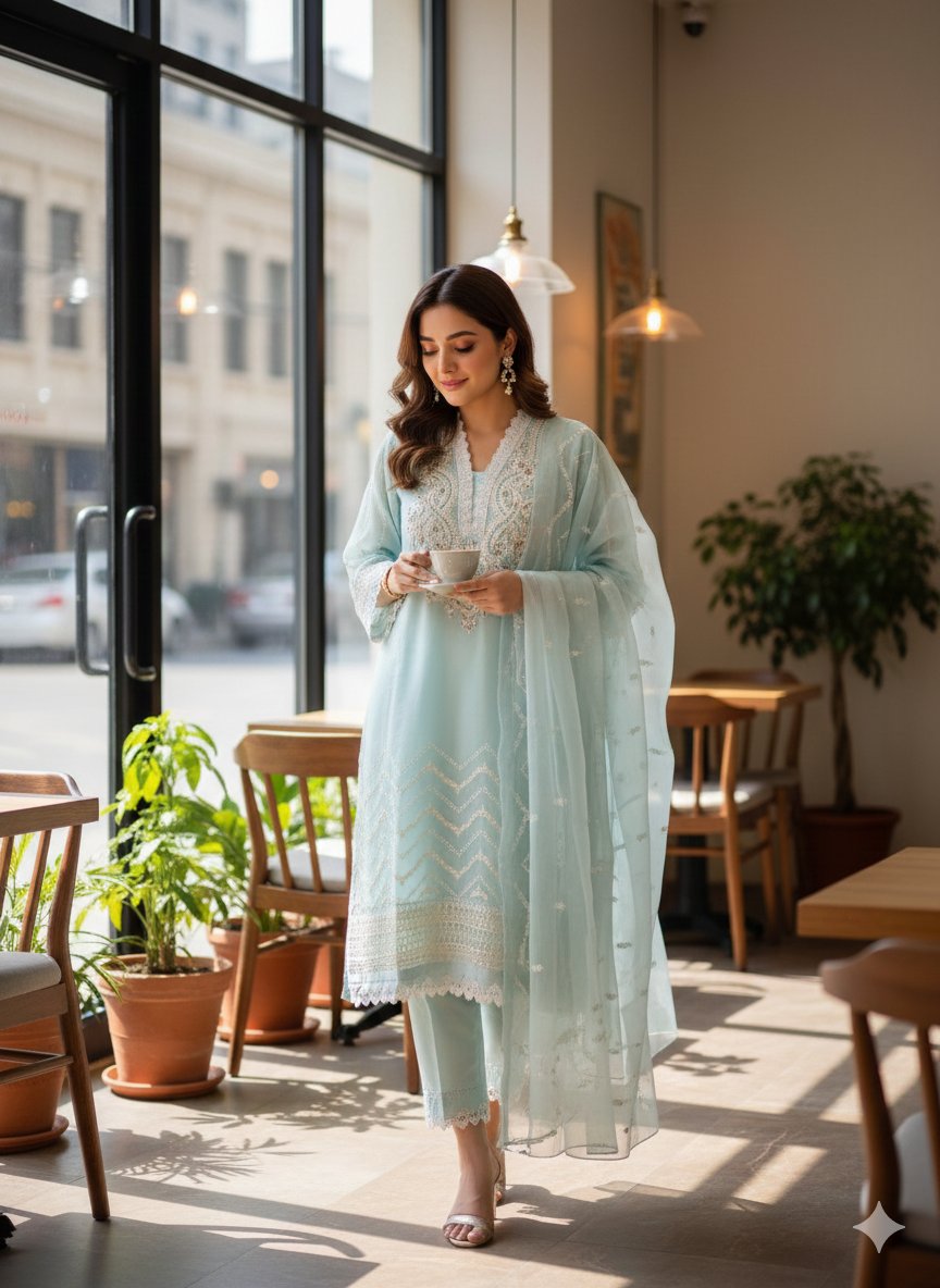Sky Blue Embroidered Chiffon 3-Piece Pakistani Suit - Ready to Ship (UK & Ireland) - Image 4