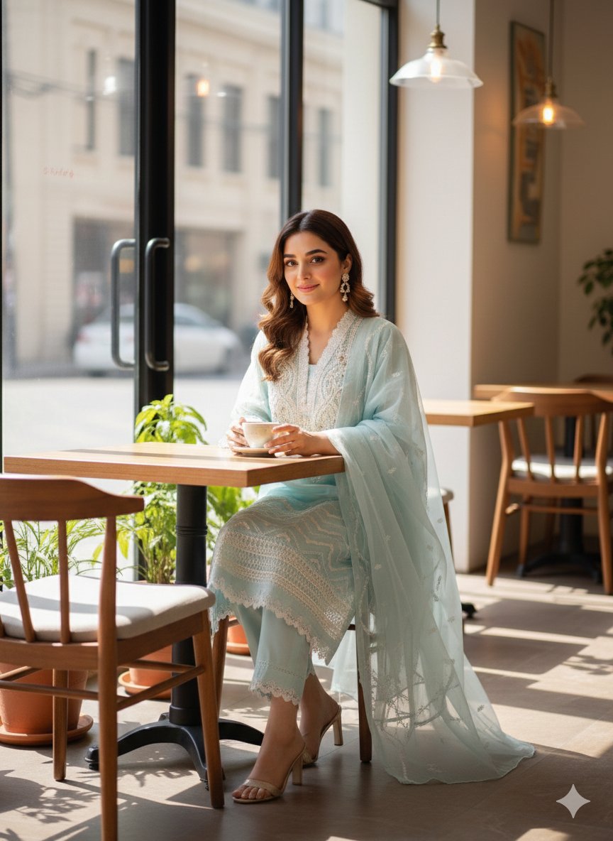 Sky Blue Embroidered Chiffon 3-Piece Pakistani Suit - Ready to Ship (UK & Ireland) - Image 3