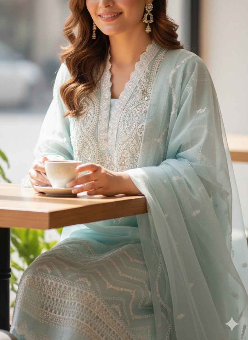 Sky Blue Embroidered Chiffon 3-Piece Pakistani Suit - Ready to Ship (UK & Ireland) - Image 2