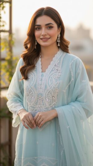 Sky Blue Embroidered Chiffon 3-Piece Pakistani Suit - Ready to Ship (UK & Ireland)