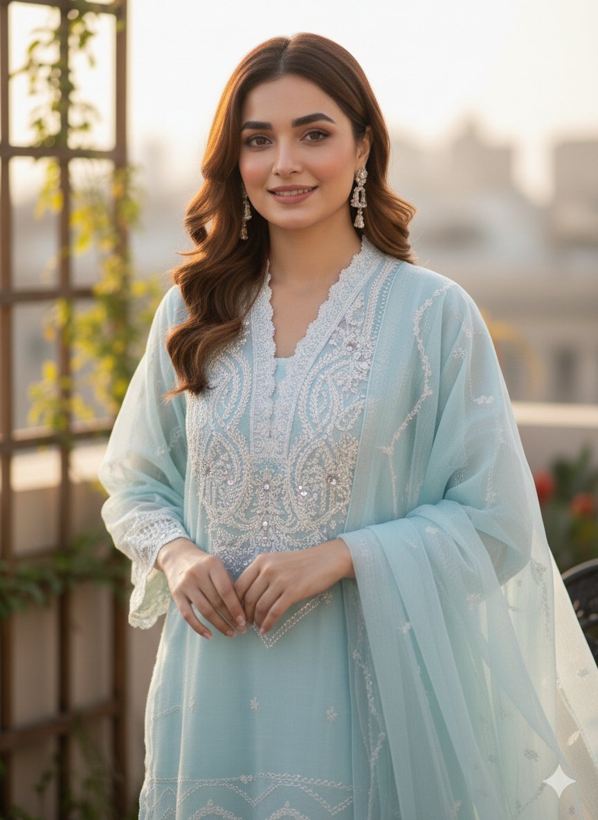 Sky Blue Embroidered Chiffon 3-Piece Pakistani Suit - Ready to Ship (UK & Ireland)