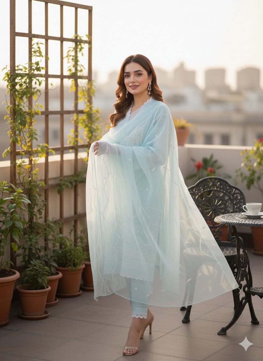 Sky Blue Embroidered Chiffon 3-Piece Pakistani Suit - Ready to Ship (UK & Ireland) - Image 8