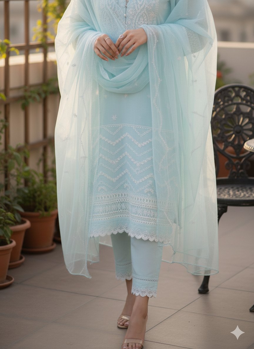Sky Blue Embroidered Chiffon 3-Piece Pakistani Suit - Ready to Ship (UK & Ireland) - Image 7