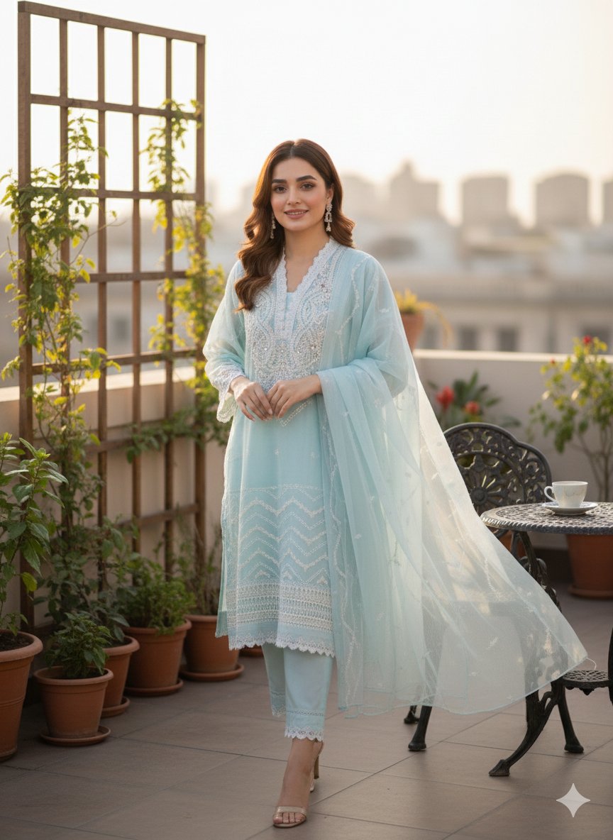 Sky Blue Embroidered Chiffon 3-Piece Pakistani Suit - Ready to Ship (UK & Ireland) - Image 6