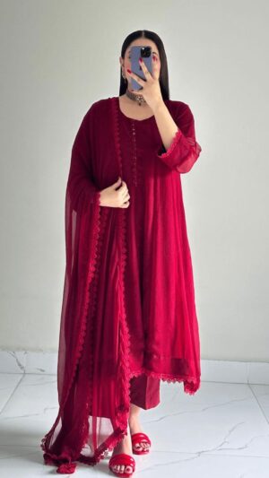 Maroon Chiffon A-Line Pishwas – 3 Piece Festive Party Wear with Floral Lacework & Button Detailing