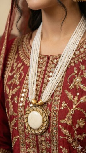 The Royal White Moti Mala & Gold Medallion Necklace