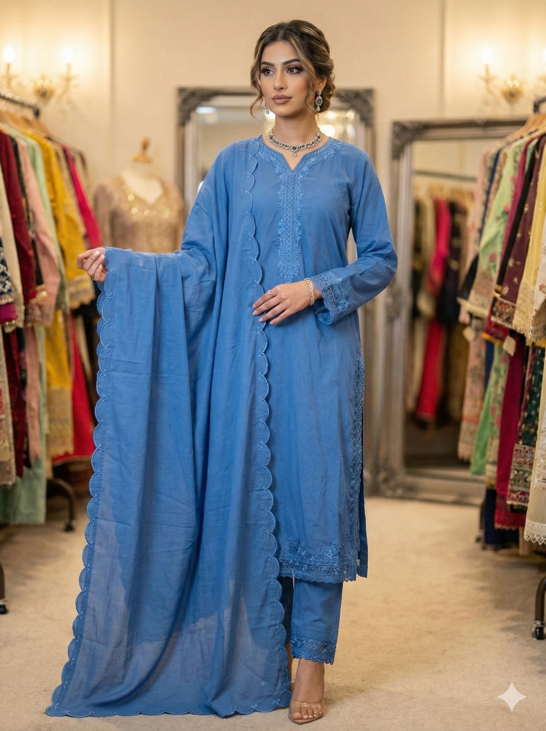 The 'Neelam' Dusty Blue Embroidered Cotton Suit (3-Piece Set) - Image 2