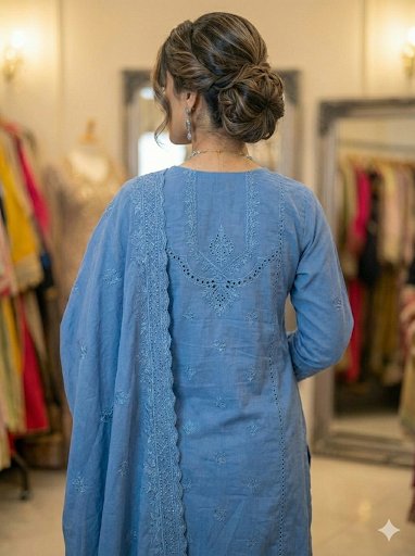 The 'Neelam' Dusty Blue Embroidered Cotton Suit (3-Piece Set) - Image 4