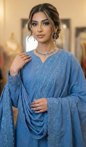 The 'Neelam' Dusty Blue Embroidered Cotton Suit (3-Piece Set)