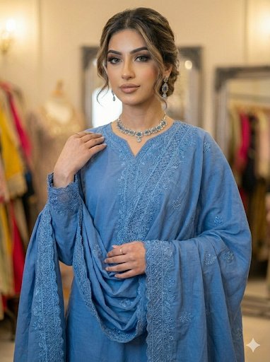 The 'Neelam' Dusty Blue Embroidered Cotton Suit (3-Piece Set)
