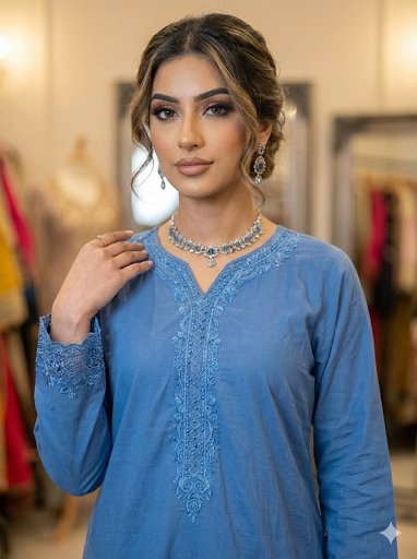 The 'Neelam' Dusty Blue Embroidered Cotton Suit (3-Piece Set) - Image 3