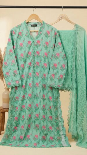 Seafoam Green Floral Cotton Kurta & Crushed Dupatta Set with Lace Trim 2 pc