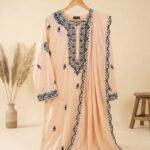 Peach & Navy Floral Embroidered Cambric Suit with Cutwork Dupatta (3-Piece)