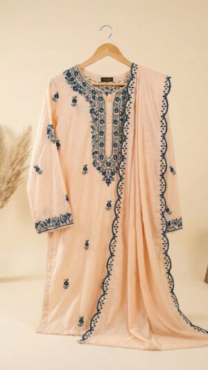 Peach & Navy Floral Embroidered Cambric Suit with Cutwork Dupatta (3-Piece)