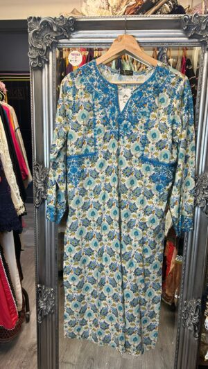 Original Agha Noor Printed Embroidered Suit – Blue & White Collection