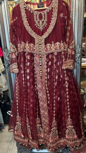 Luxury Maroon Embroidered Jacket Style Maxi Dress - 3 Piece Set - Ready to Ship UK/Ireland