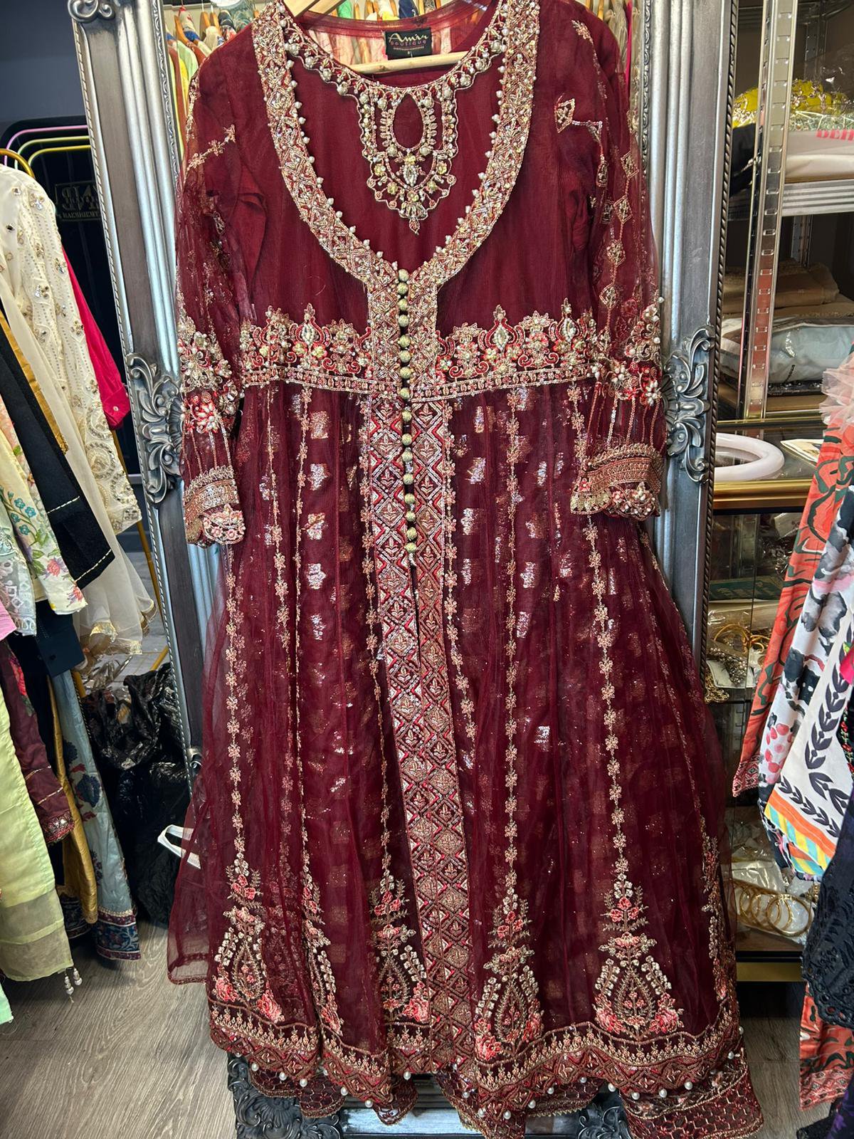 Luxury Maroon Embroidered Jacket Style Maxi Dress - 3 Piece Set - Ready to Ship UK/Ireland