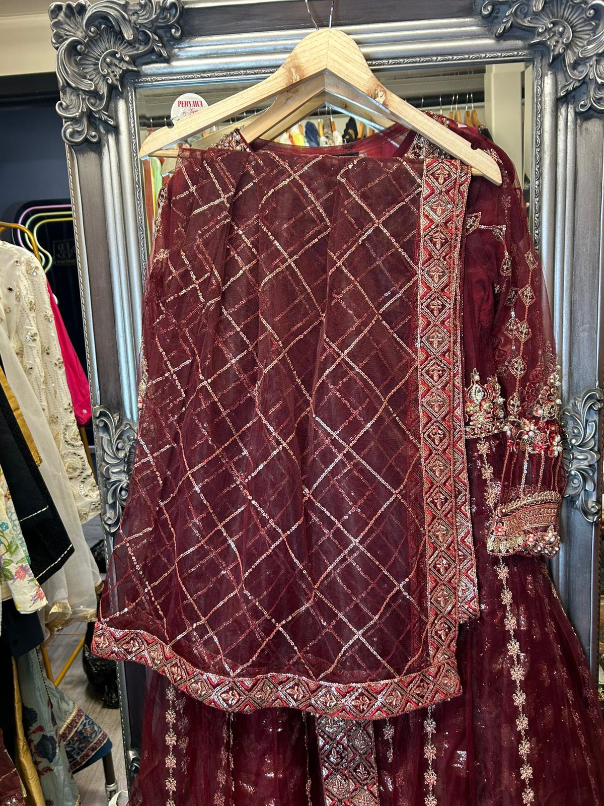 Luxury Maroon Embroidered Jacket Style Maxi Dress - 3 Piece Set - Ready to Ship UK/Ireland - Image 2