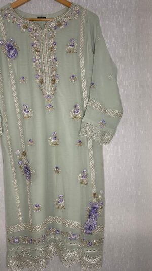 Sage Green 3D Floral Embroidered Chiffon 3-Piece Suit - Ready to Ship UK & Ireland