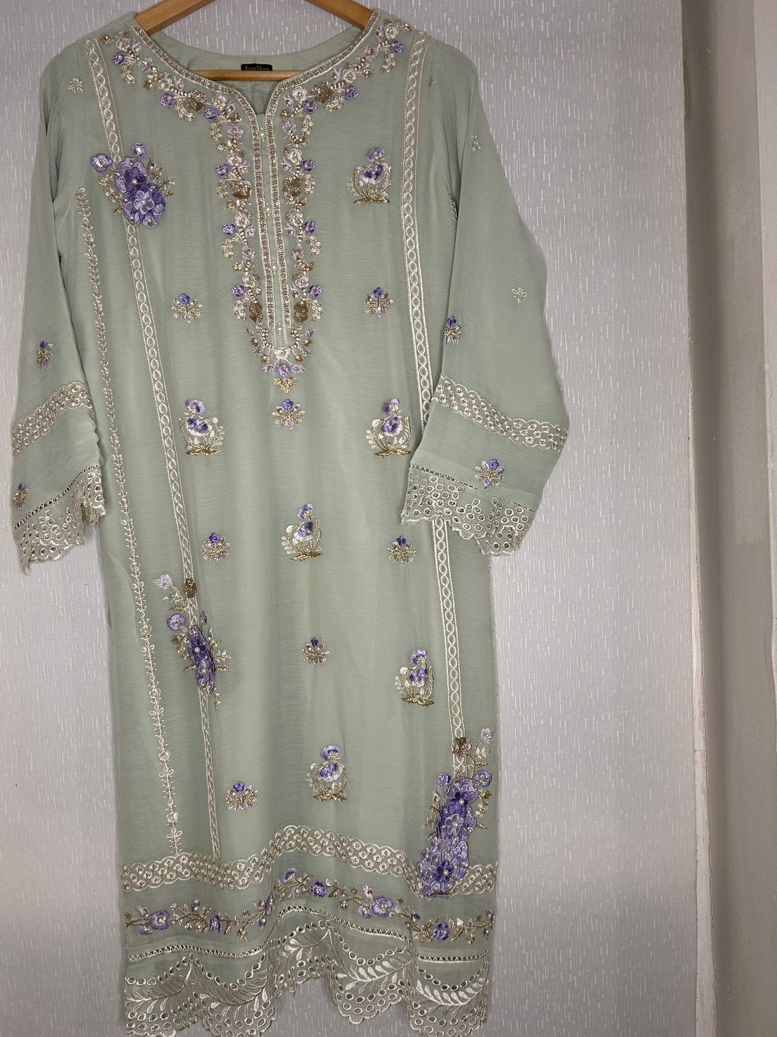 Sage Green 3D Floral Embroidered Chiffon 3-Piece Suit - Ready to Ship UK & Ireland