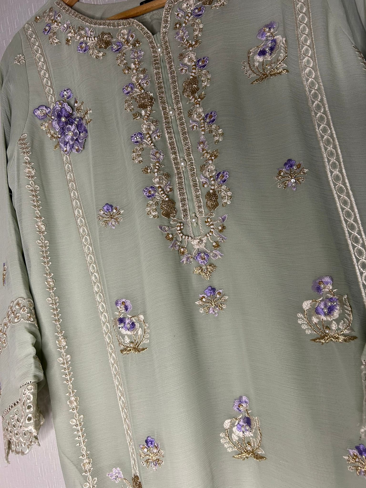 Sage Green 3D Floral Embroidered Chiffon 3-Piece Suit - Ready to Ship UK & Ireland - Image 2