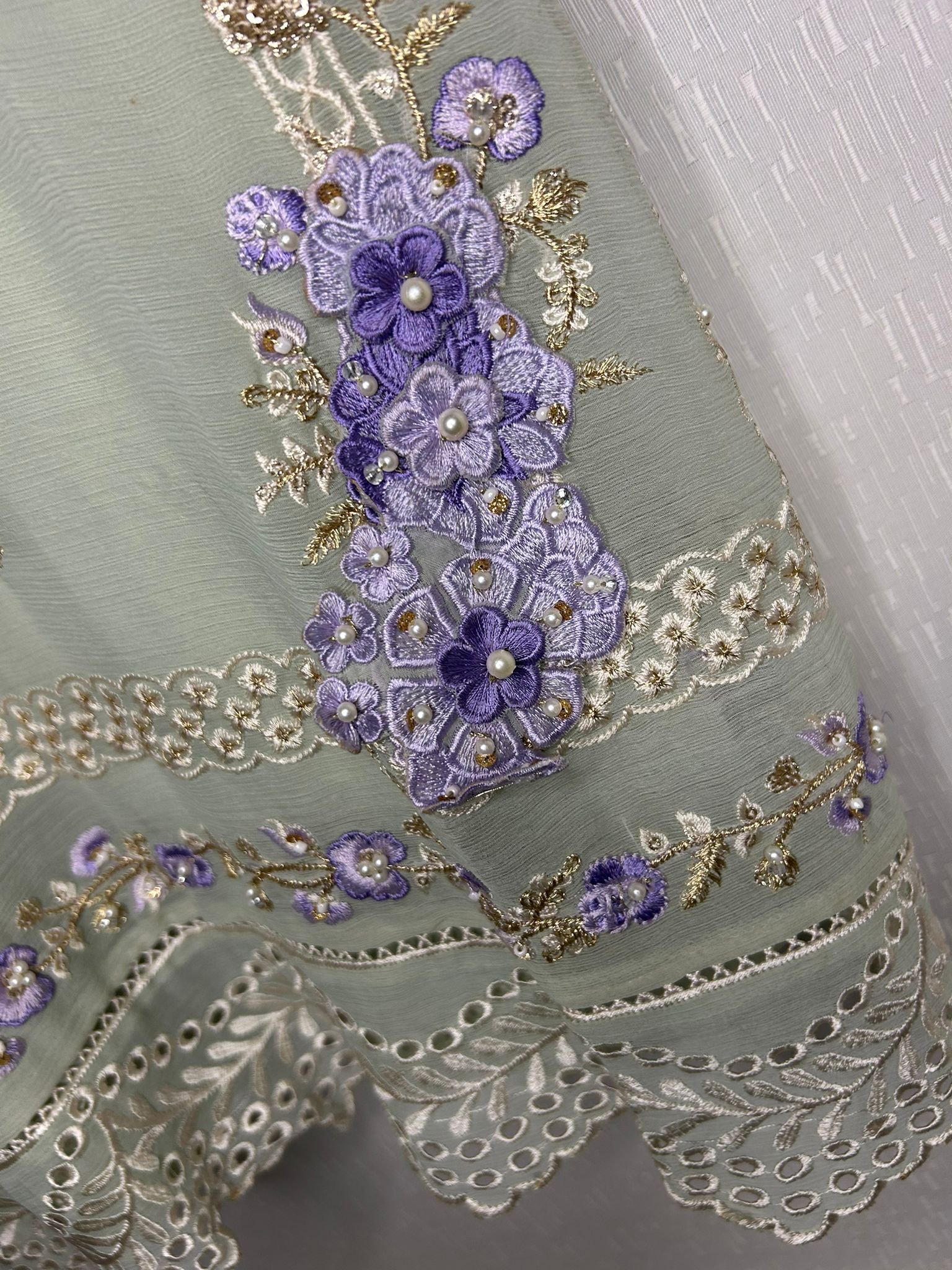 Sage Green 3D Floral Embroidered Chiffon 3-Piece Suit - Ready to Ship UK & Ireland - Image 3