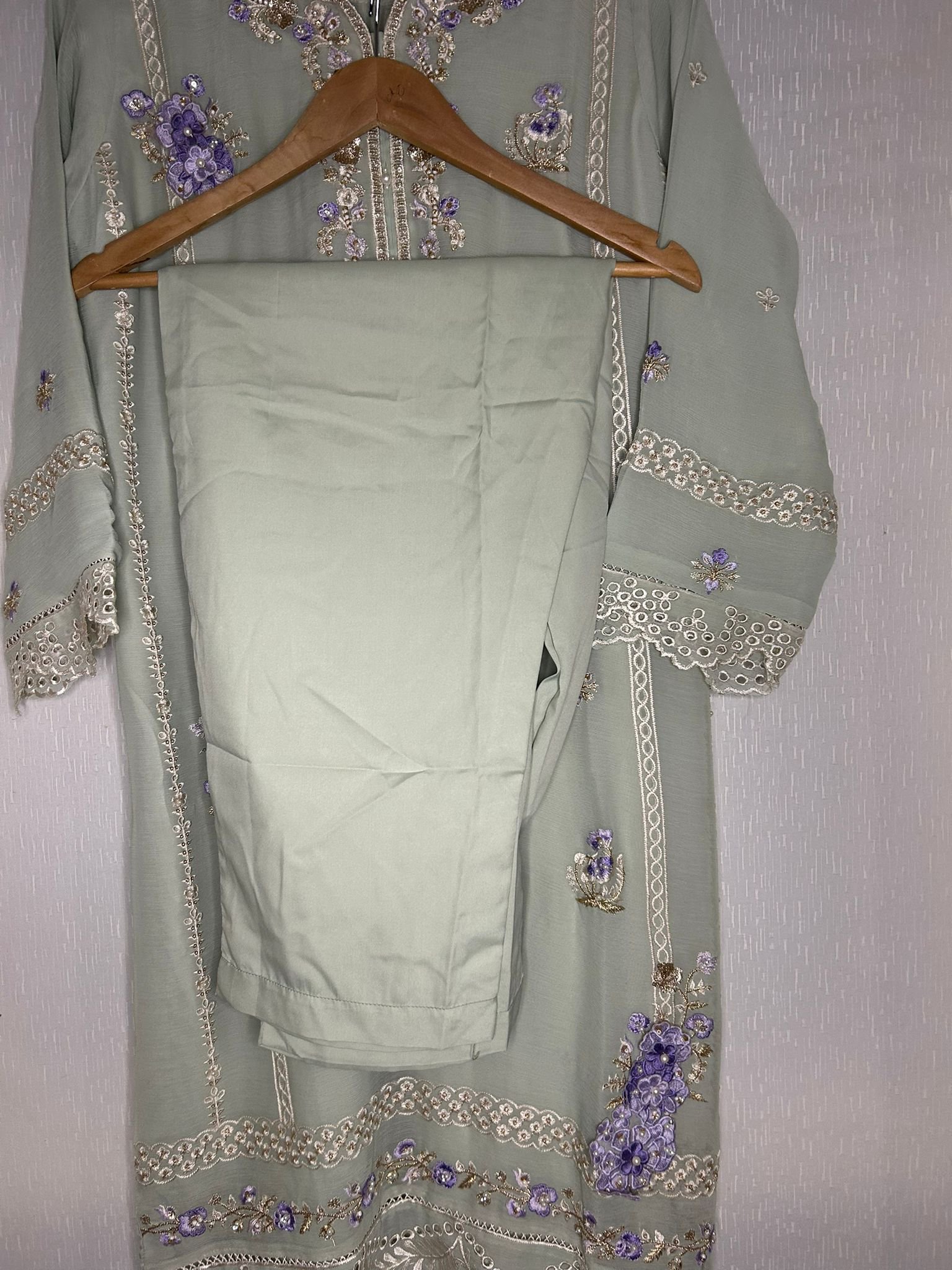 Sage Green 3D Floral Embroidered Chiffon 3-Piece Suit - Ready to Ship UK & Ireland - Image 6