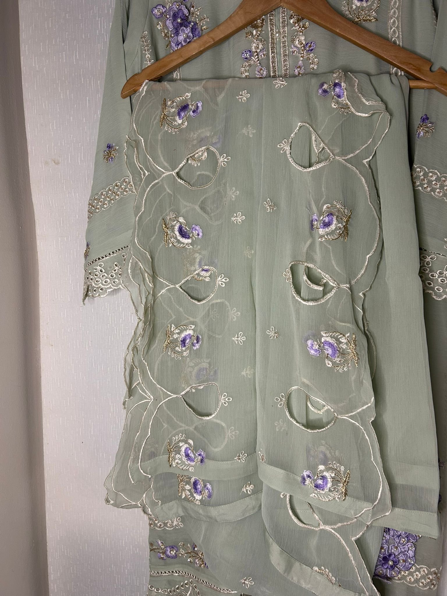Sage Green 3D Floral Embroidered Chiffon 3-Piece Suit - Ready to Ship UK & Ireland - Image 4