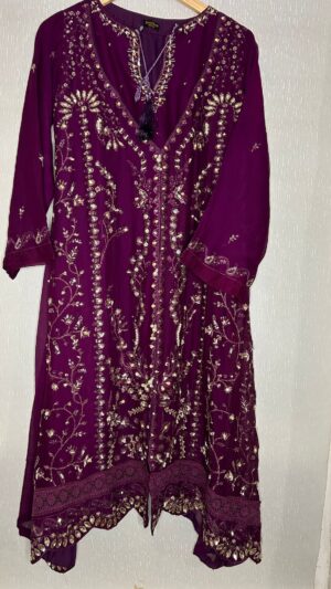 Royal Plum Sequinned Chiffon A-Line Gown Set – 3 Piece Formal Pakistani Suit
