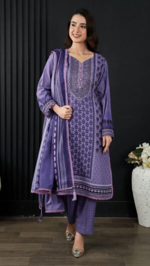 Lavender Whisper | 3-Piece Embroidered Premium Slub Cambric Suit