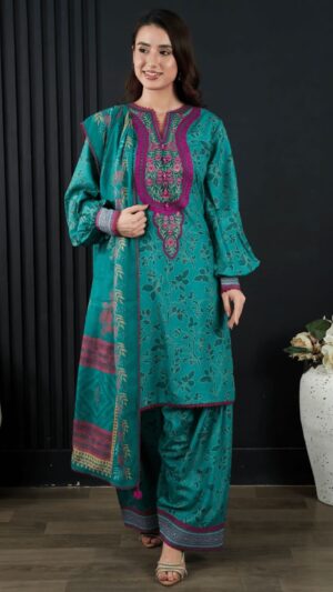 Emerald Bloom | 3-Piece Embroidered Premium Slub Cambric Suit