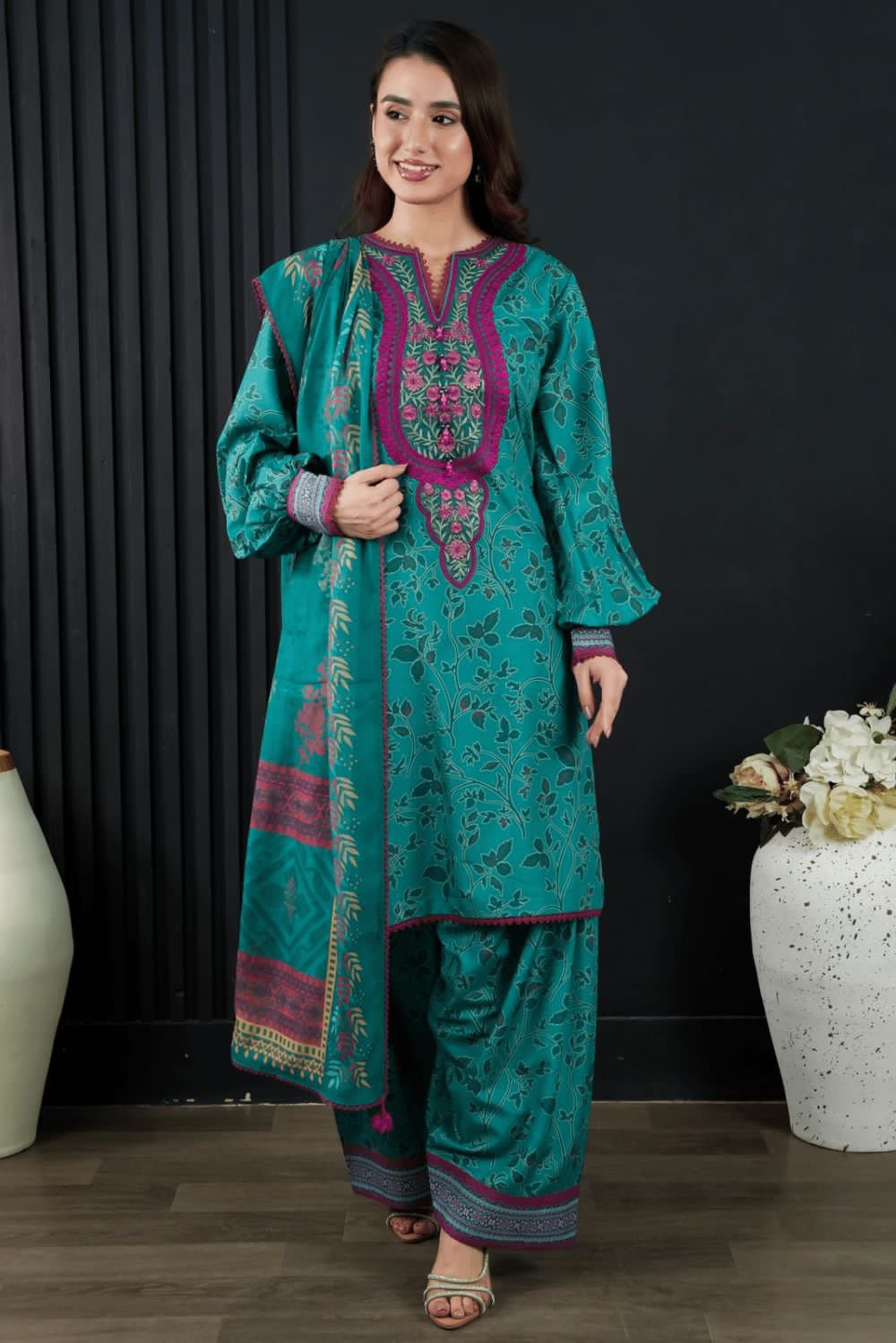 Emerald Bloom | 3-Piece Embroidered Premium Slub Cambric Suit
