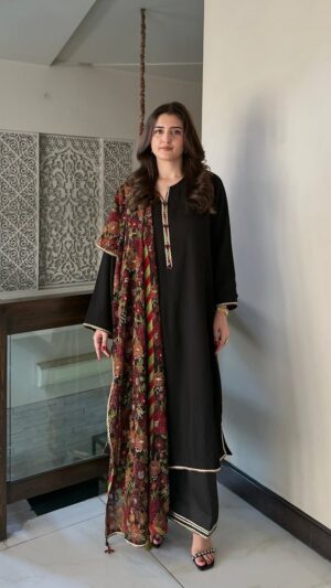 Midnight Velvet Bloom | 3-Piece Embroidered Chiffon Suit