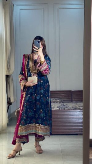 Royal Nightfall | 3-Piece Heavily Embroidered Chiffon Suit