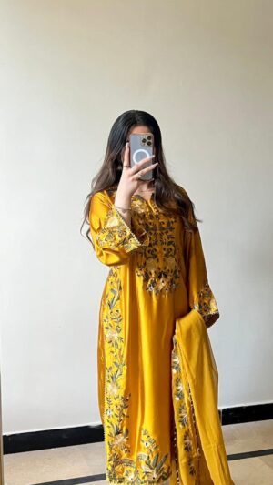 Golden Amber Hand-Embroidered Silk 3-Piece Suite