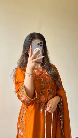 Terracotta Bloom Embroidered Silk 3-Piece Suite