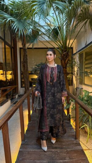 ​Charcoal Noir – 3pc Embroidered Silk Suite with Tonal Floral Artistry